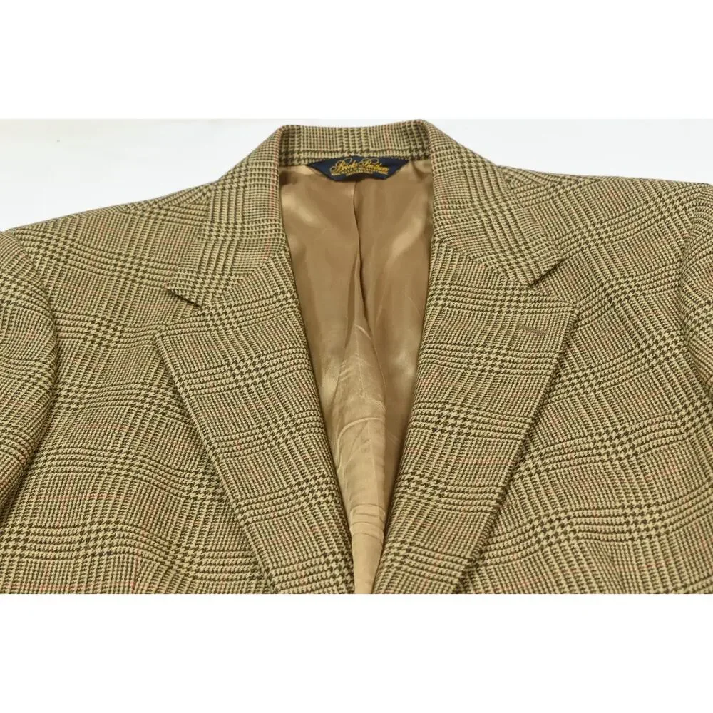 Vintage Brooks Brothers Blazer Mens 43L Beige Plaid Wool Two-Button Classic